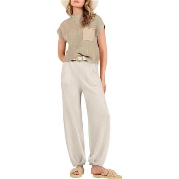 Two Piece Outfits Sweater Sets Knit Pullover Tops High Waisted